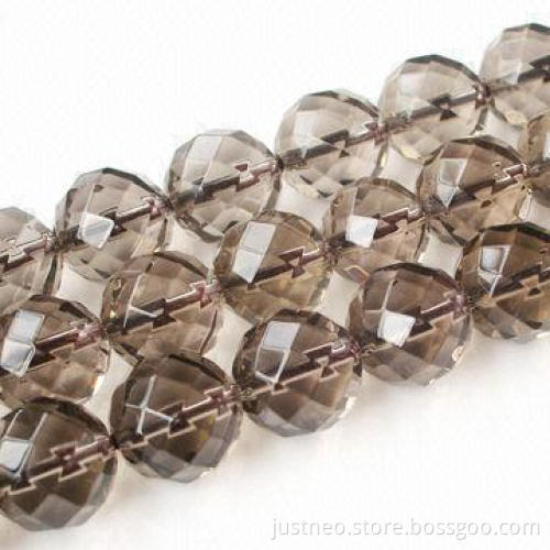 Round faceted smoky quartz semi-precious gemstone, beaded strand, 64-faces
